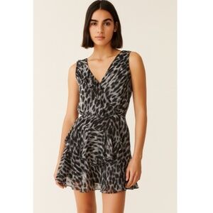 BCBG MaxAzria 100% Silk Dress Leopard Sleeveless Ruffle Skirt Faux Wrap XS